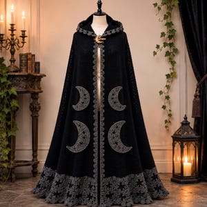 Gothic Hooded Cloak Crochet Pattern PDF, Witch Cape Halloween Costume, Crescent Moon Wearable, Filet Star Border, S M L Instant Download