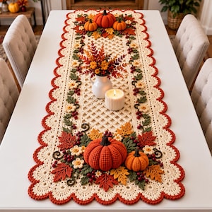 Peut inclure: Un chemin de table en crochet de couleur crème avec un bord festonné et un motif en treillis. Il est décoré aux deux extrémités de citrouilles orange, de baies rouges et de feuilles aux couleurs automnales jaune, orange et vert.