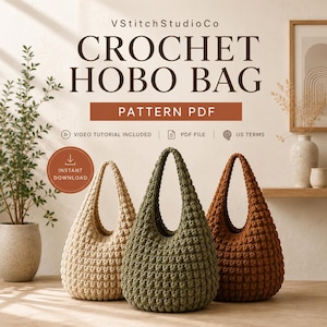 Crochet Hobo Bag Pattern, Textured Shoulder Bag PDF, Crochet Tote Handbag, Slouchy Purse Pattern, Instant Download