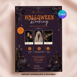 May include: A dark purple Halloween photography booking flyer featuring floral accents, three photo frames, and text including HALLOWEEN BOOKING, PHOTOS THAT LAST A LIFETIME, OCTOBER 20-31, 1721 LOVING ACRES ROAD, 10:00 AM-6:00 PM, and 10% OFF YOUR SESSION.