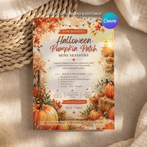 Op de afbeelding: Een rechthoekige flyer-sjabloon voor Halloween pompoen mini-sessies met aquarelillustraties van oranje pompoenen, herfstbladeren en hooibalen. De tekst bevat sessiedetails, data en boekingsinformatie in bruine letters.