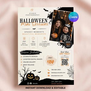 Mall för bokningsflyer för Halloween-barnfotografering, flygblad för minifotografering för Halloween, bokningsflyer för höstfotografering | Marknadsföring av fotografer