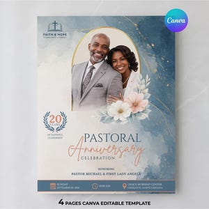 Op de afbeelding: Een flyer-sjabloon voor een pastoraal jubileumfeest met een blauwe aquarelachtergrond en gouden accenten. Het toont een foto van een echtpaar, bloemenillustraties en tekst waaronder Faith & Hope Community Church, 20 Years of Faithful Leadership en Pastor Michael & First Lady Angela.