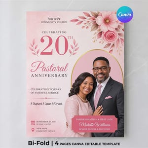 Puede incluir: Una plantilla de folleto rosa para el 20º aniversario pastoral de la New Hope Community Church. Incluye ilustraciones florales, la foto de una pareja y texto que incluye a Pastor Jonathan y First Lady Michelle Williams, con fecha del 20 de septiembre de 2026.