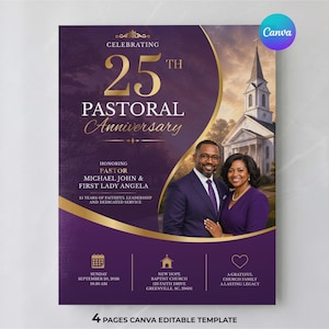 Pode incluir: Um modelo de folheto roxo e dourado para um 25º aniversário pastoral, com a foto de um casal, um edifício de igreja e o texto Celebrating 25th Pastoral Anniversary, Honoring Pastor Michael John & First Lady Angela.