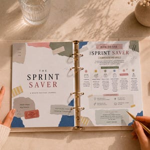 Pode incluir: Uma agenda de argolas aberta intitulada The Sprint Saver, um diário de poupança de 6 meses. As páginas apresentam um layout estilo colagem com pedaços de papel em tons pastel, instruções de texto e ícones para acompanhar metas financeiras.