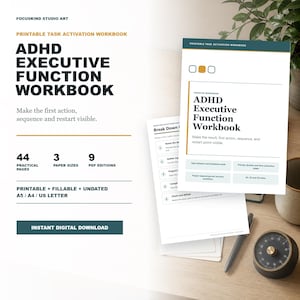 Puede incluir: Un cuaderno de trabajo imprimible sobre funciones ejecutivas TDAH con 44 páginas, 3 tamaños de papel y 9 ediciones PDF. La portada muestra el título en negro sobre fondo blanco con detalles en verde azulado y dorado, incluyendo herramientas.