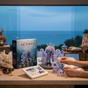 May include: A DIY bead kit for creating an octopus, featuring a box labelled "Octopus Mystical Sea Creature", a tray of assorted colourful beads, and a partially assembled beaded octopus figure with purple, blue, and pink tones.