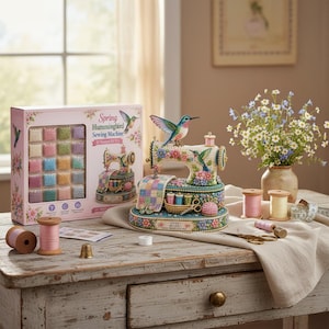 Pode incluir: Um kit de pintura de diamante 3D com um design de máquina de costura, um beija-flor, padrões florais e contas coloridas. A caixa está rotulada como Spring Hummingbird Sewing Machine. Inclui carretéis de linha, tesouras e um dedal na mesa.