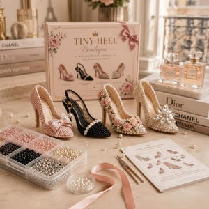 Pode incluir: Um kit Tiny Heel Boutique com quatro sapatos de salto alto em miniatura decorados com pérolas, laços e flores. O conjunto inclui um organizador de plástico transparente com contas variadas, uma pinça e um folheto de instruções.