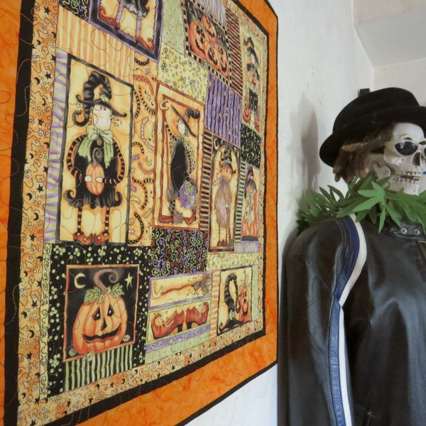 Halloween Quilted Wall Hanging / Table Topper Broom Sweepers Orange 509