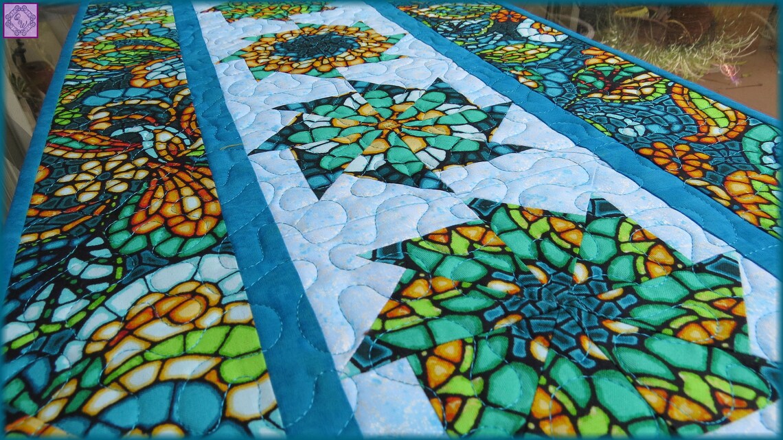 Stained Glass Table Runner Quilted Modern Kaleidoscope Etsy