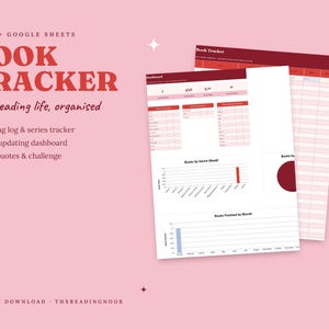 Könnte beinhalten: Eine digitale Buch-Tracker-Vorlage für Excel und Google Sheets auf einem rosa Hintergrund. Der Text lautet: BOOK TRACKER, your reading life, organised, Reading log & series tracker, Auto-updating dashboard, TBR, quotes & challenge.