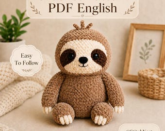 May include: A brown and cream crochet sloth plush toy with dark brown eye patches and black safety eyes. The image includes text that reads Crochet Pattern PDF English, Easy To Follow, and @StitchNest. The sloth has a textured yarn finish.