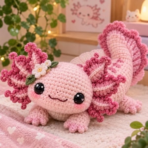Könnte beinhalten: Ein hellrosa gehäkeltes Axolotl-Plüschtier mit großen schwarzen glänzenden Augen, dunkelrosa gerüschten äußeren Kiemen und einer kleinen weißen Blume mit grünen Blättern an der Seite des Kopfes. Das Wesen hat einen langen, strukturierten Schwanz.