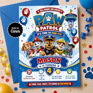 Può includere: Un invito di compleanno a tema Paw Patrol con i personaggi Skye, Marshall, Chase, Rubble e Rocky. Il testo recita All Paws on Deck, Paw Patrol, It's Time to Paw-ty, Mason is Turning 4, e include i dettagli dell'evento del 24 agosto 2025.