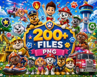 May include: A digital graphic featuring the Paw Patrol characters, including Ryder and various puppies, surrounding a large blue shield emblem with the text 200+ FILES PNG. The scene includes a fire truck, construction vehicle, and helicopter.