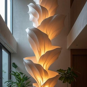 Può includere: Una lampada scultorea da terra alta con forme bianche impilate simili a petali che si avvolgono verso l'alto. La struttura è illuminata dall'interno, proiettando una luce calda e soffusa attraverso le superfici curve e traslucide su base.