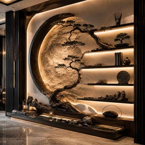Könnte beinhalten: Ein Wanddisplay mit einem großen kreisförmigen Ausschnitt, einem strukturierten beigen Hintergrund und einer Bonsai-Skulptur aus dunklem Holz. Die Einheit umfasst mehrere horizontale Regale mit integrierter warmer Beleuchtung für kleine Topfpflanzen, Bücher und Dekosteine.