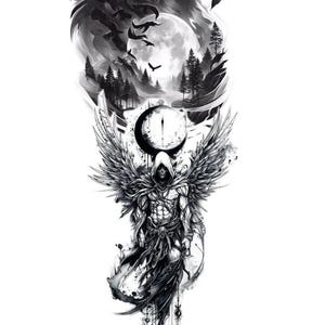 May include: A black and white tattoo design featuring a snarling wolf head at the top, transitioning into a forest landscape with a full moon and flying birds, and a central hooded figure with large feathered wings and a crescent moon above.