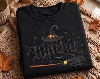 Witchy Halloween Sweatshirt, Embroidered Witchy Broomstick Sweatshirt, Cute Spooky Season Crewneck, Fall Witch Shirt, Gift for Halloween