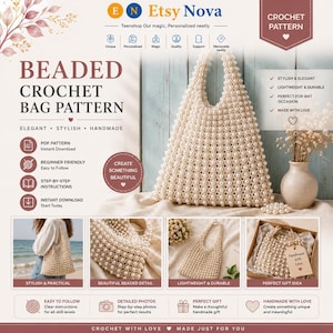 Puede incluir: Un patrón de bolso de ganchillo con cuentas que muestra un bolso triangular de color blanco roto cubierto de perlas blancas. El gráfico incluye texto como BEADED CROCHET BAG PATTERN, PDF PATTERN e iconos. Cuatro imágenes muestran el bolso.