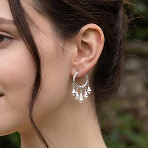 Silver Filled Pearl Hoop Earrings,Pearl Dangle Hoops,Vintage Textured Earrings,Statement Jewelry,Gift for Her