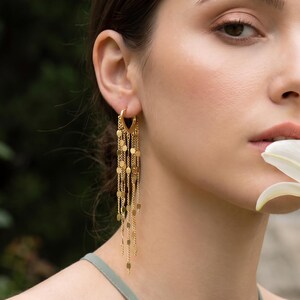 18K Gold Filled Heart Fringe Earrings,Long Chain Earrings,Tassel Dangle Earrings,Statement Jewelry,Gift for Her