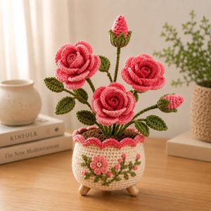 Crochet Rose Flower Pot Pattern – Amigurumi Bouquet PDF (Digital Download)