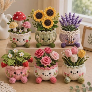 Wzór na szydełkową doniczkę Kawaii | 6 wzorów amigurumi (wzór PDF)