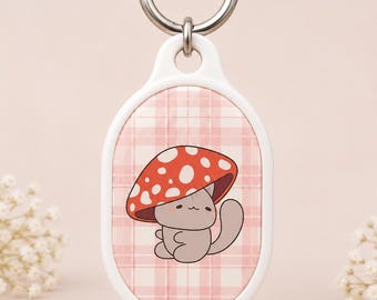 Mushroom Cat AirTag Cover Keychain | Cottage-core Plaid Tracker Tag Holder