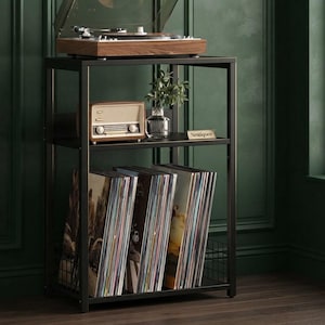 Soporte para tocadiscos de 3 niveles con almacenamiento de vinilos, mesa para tocadiscos de estilo de mediados de siglo, organizador industrial.