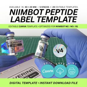 Puede incluir: Plantilla de etiquetas de péptidos Niimbot de 40 x 20 mm, incluye 5 pilas y 20 plantillas editables de Canva para impresoras Niimbot M2, M3 y B1. La imagen muestra dos viales de vidrio con etiquetas holográficas con marcas de garras y texto.