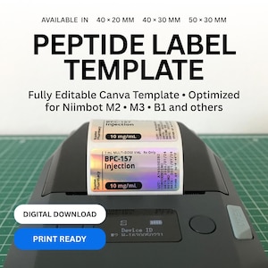 May include: A digital peptide label template for Niimbot printers, featuring holographic text reading BPC-157 Injection 10 mg/mL. The template is available in 40x20 mm, 40x30 mm, and 50x30 mm sizes. The design is fully editable in Canva and is print ready.