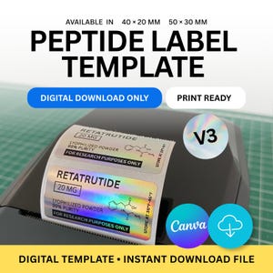 Puede incluir: Una plantilla digital de etiqueta de péptido para tamaños de 40 x 20 mm y 50 x 30 mm. La etiqueta muestra el texto RETATRUTIDE 20 MG, LYOPHILIZED POWDER 99% PURITY, FOR RESEARCH PURPOSES ONLY y STORE AT 36°F-46°F con un diagrama químico.