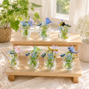 Mini ramo de flores de cristal con pájaro o insecto, pequeño jarrón de cristal hecho a mano, regalo de decoración de escritorio con mariposa, libélula y abeja