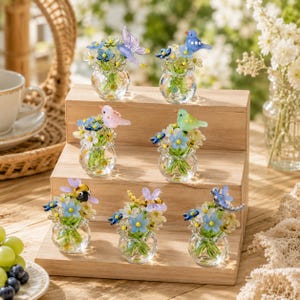 Mini ramo de flores de cristal con pájaro o insecto, pequeño jarrón de cristal hecho a mano, regalo de decoración de escritorio con mariposa, libélula y abeja