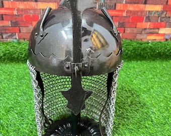 Handmade Mughal Steel Khud Helmet with Chainmail Aventail – Medieval Armor for Display