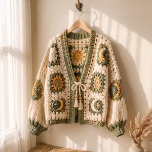 May include: A crochet cardigan featuring a patchwork of granny squares in cream, sage green, and yellow. The design includes sunflower and crescent moon motifs, long sleeves with ribbed cuffs, and a front tie closure with wooden beads and tassels.