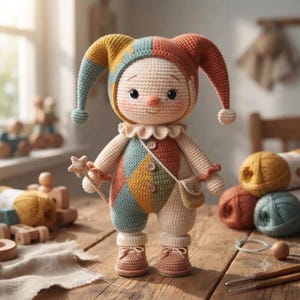 May include: A crocheted jester doll featuring a multi-coloured hat with pom-poms, a matching patchwork-style jumpsuit in shades of teal, mustard, and rust, a small crossbody bag, and a star-shaped wand held in one hand, all crafted with yarn.
