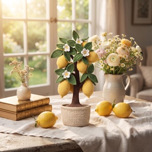 May include: A crocheted lemon tree in a woven pot, featuring yellow lemons, green leaves, and small white flowers. The tree stands on a white cloth alongside two loose yellow lemons, a small vase with dried flowers, and two stacked books.