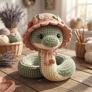Puede incluir: Un juguete de peluche de serpiente tejido a ganchillo con cuerpo verde salvia y crema, que lleva un gorro rosa adornado con pequeñas fresas y flores blancas tejidas. La serpiente tiene grandes ojos negros y una pequeña lengua rosa bajo la barbilla.