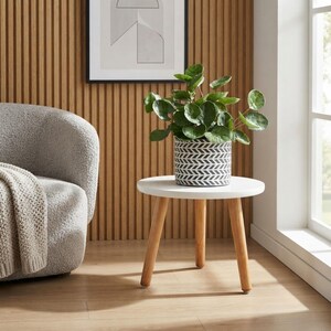 May include: A small round white side table with three light brown wooden legs. Sitting on the table is a cylindrical plant pot featuring a black and white chevron pattern, containing a green leafy plant with rounded foliage and multiple stems.