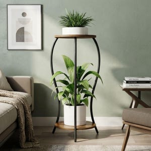 May include: A two-tier plant stand featuring a black metal frame with curved supports and two circular wooden shelves. A white pot with a green leafy plant sits on the bottom shelf, and a second white pot with a spiky green plant sits on top.