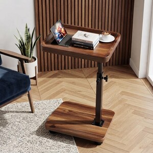 Adjustable C Shaped Side Table with Wheels, Swivel TV Tray Table, Rolling End Table for Sofa Bed Couch, Laptop Snack Table, Walnut