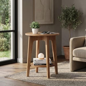 Round Side Table, Mid Century End Table, 2 Tier Nightstand, Small Accent Table for Living Room, Bedroom Bedside Table