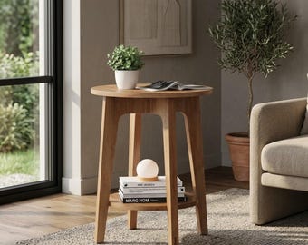 Ronde bijzettafel, bijzettafel in mid-century stijl, nachtkastje met twee niveaus, kleine accenttafel voor de woonkamer, nachtkastje voor de slaapkamer