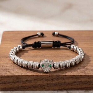 Beaded Panther Bracelet for Him, Adjustable Mens Bracelet in Gold and Silver, Unique Fathers Day Gift for Dad, Husband and Boyfriend
