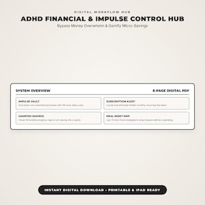 May include: An 8-page digital PDF titled ADHD Financial & Impulse Control Hub. It features a system overview with sections for Impulse Vault, Subscription Audit, Gamified Savings, and Meal Reset Map. Includes text: Instant Digital Download.