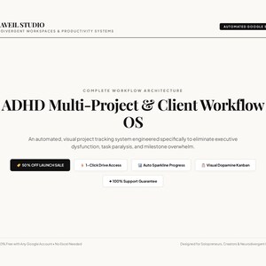Peut inclure: Une interface de produit numérique intitulée ADHD Multi-Project & Client Workflow OS par Lumaveil Studio. Elle présente une feuille Google automatisée pour le suivi de projet avec des boutons pour 1-Click Drive Access, Auto Sparkline Progress, Visual Dopamine Kanban et une garantie de support à 100%.